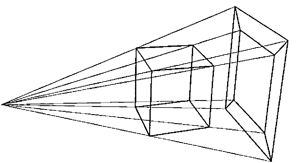 Lines from an eye through the vertices of a cube, extended to a larger projected cube on a card beyond it