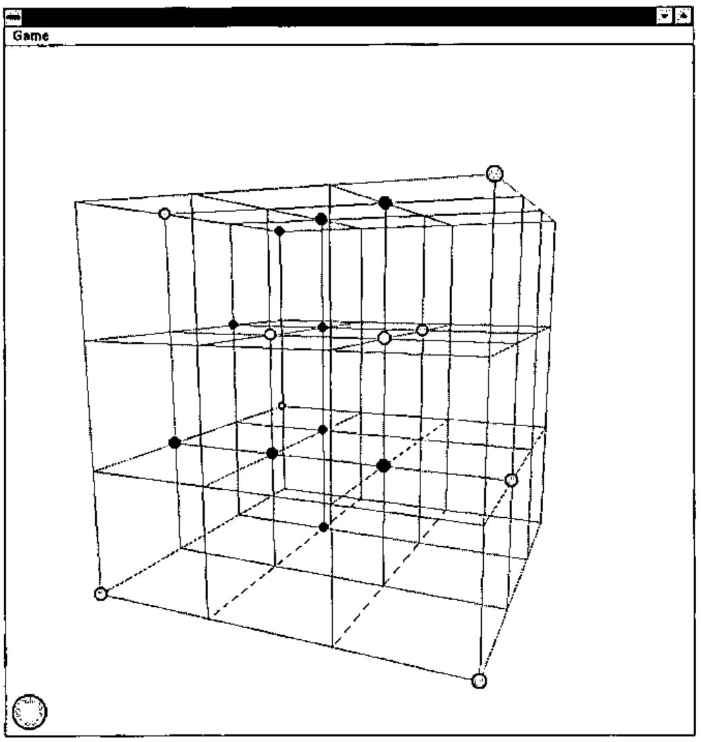 The game window: a perspective wire-frame cube of 4×4×4 nodes, some marked with black and some with white counters