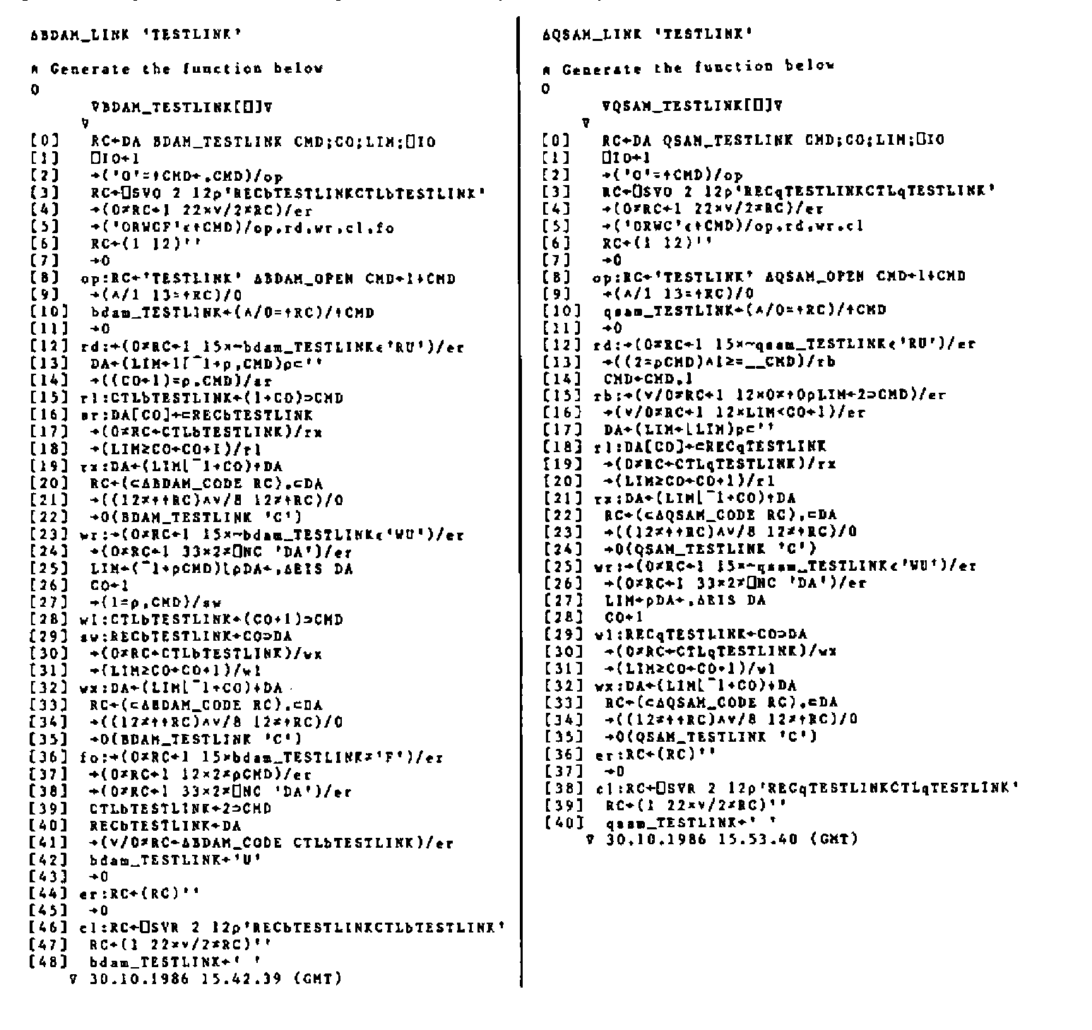 Two listings side by side: ∆BDAM_LINK 'TESTLINK' generates BDAM_TESTLINK (48 lines), and ∆QSAM_LINK 'TESTLINK' generates QSAM_TESTLINK (40 lines), the path functions that open, read, write, format and close files through the shared variables RECbTESTLINK/CTLbTESTLINK and RECqTESTLINK/CTLqTESTLINK