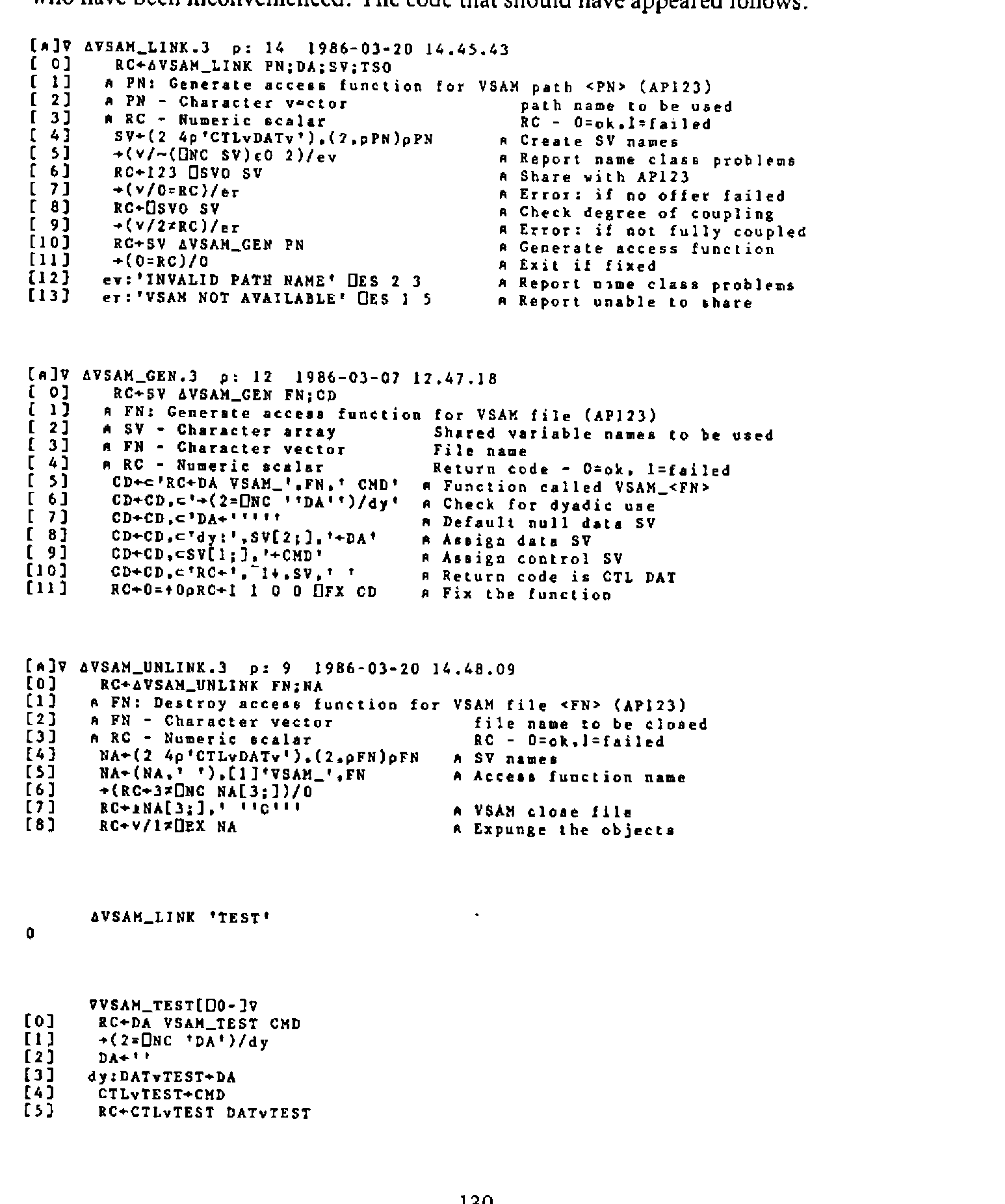 Listings of ∆VSAM_LINK, ∆VSAM_GEN and ∆VSAM_UNLINK, the use ∆VSAM_LINK 'TEST', and the generated access function VSAM_TEST