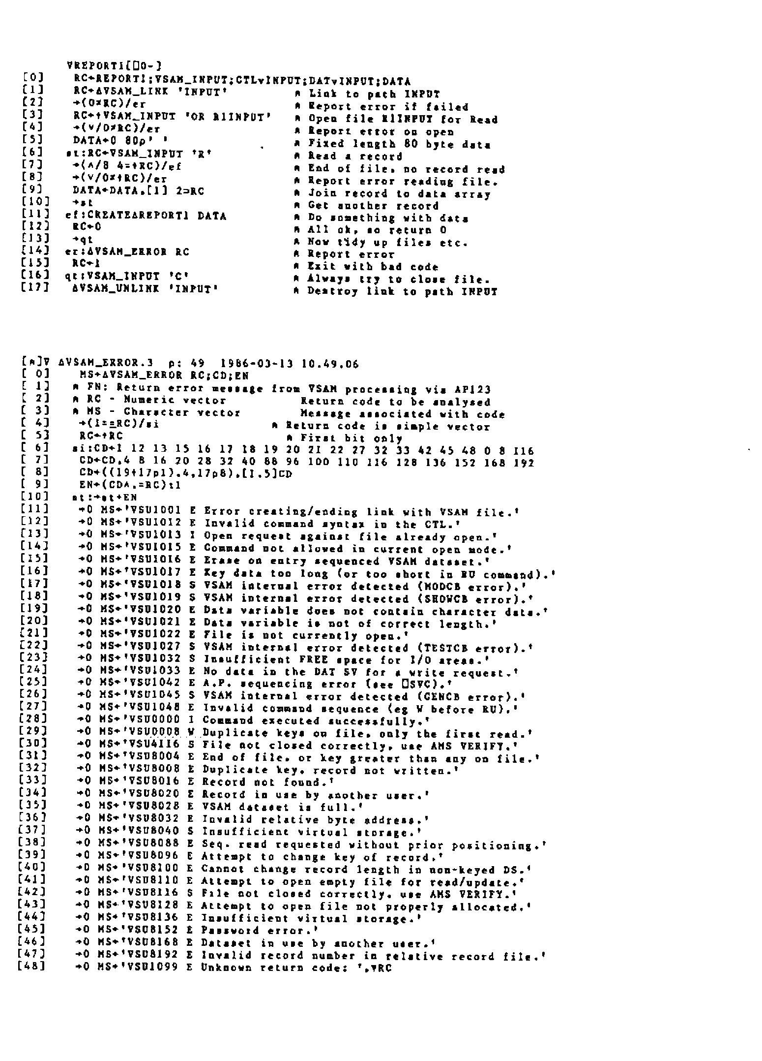 Listings of REPORT1, an example of reading a VSAM file through the path INPUT, and ∆VSAM_ERROR, which returns the message for each AP123 return code