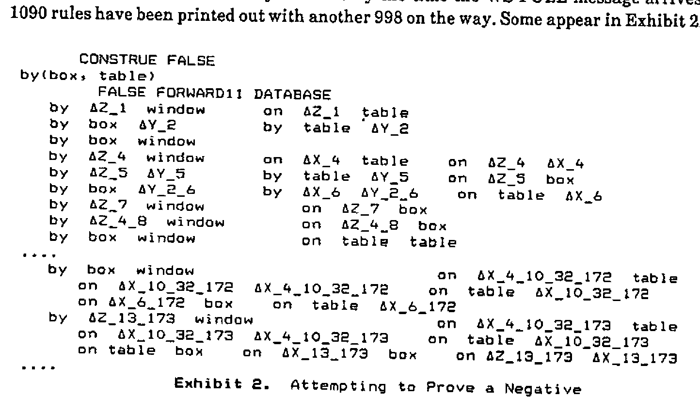 Exhibit 2: CONSTRUE FALSE gives by(box, table); FALSE FORWARD11 DATABASE, a trace of derived rules growing longer, with variables renamed up to ∆X_4_10_32_173