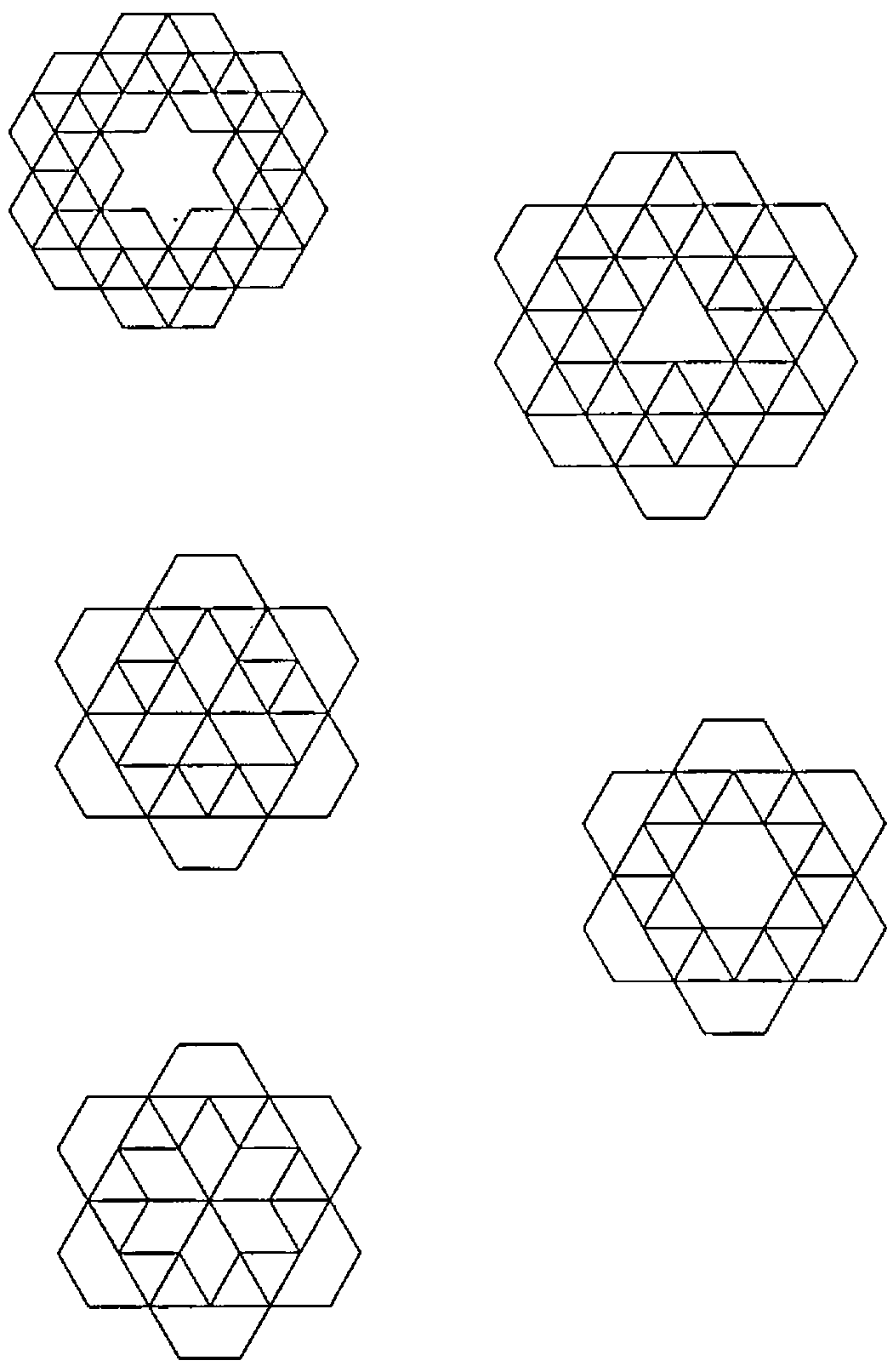 Five hexagonal patchworks of triangles and hexagons