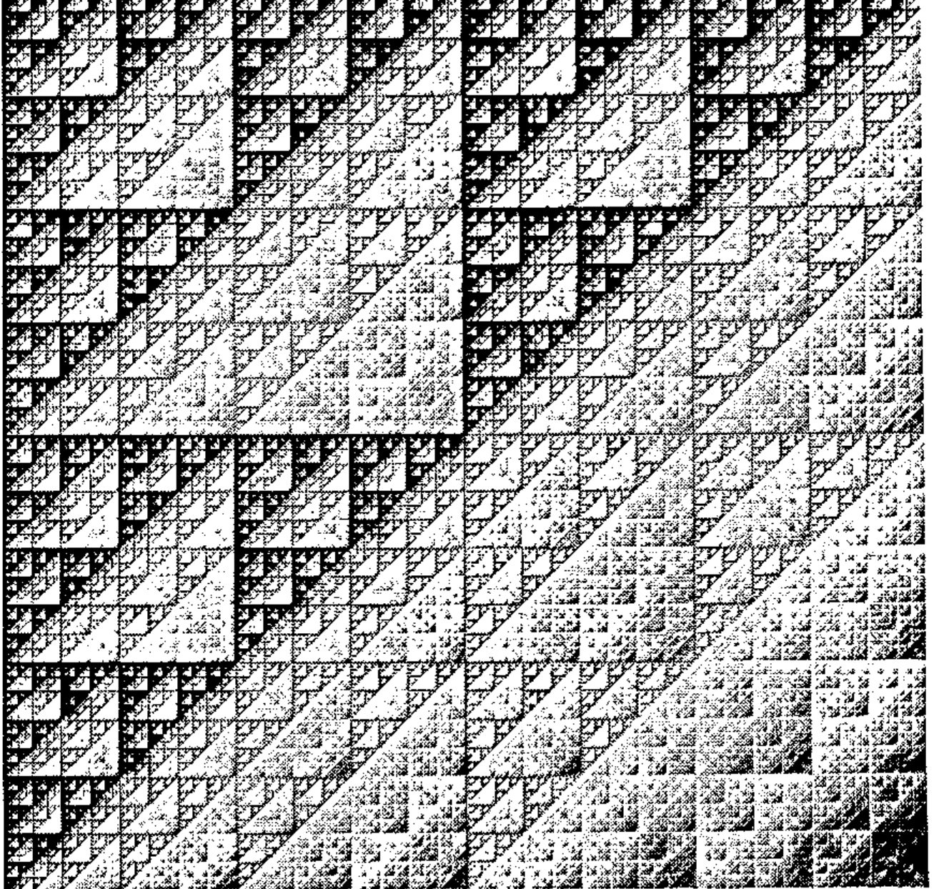 A grayscale image of nested Sierpinski triangles, darkest at upper left