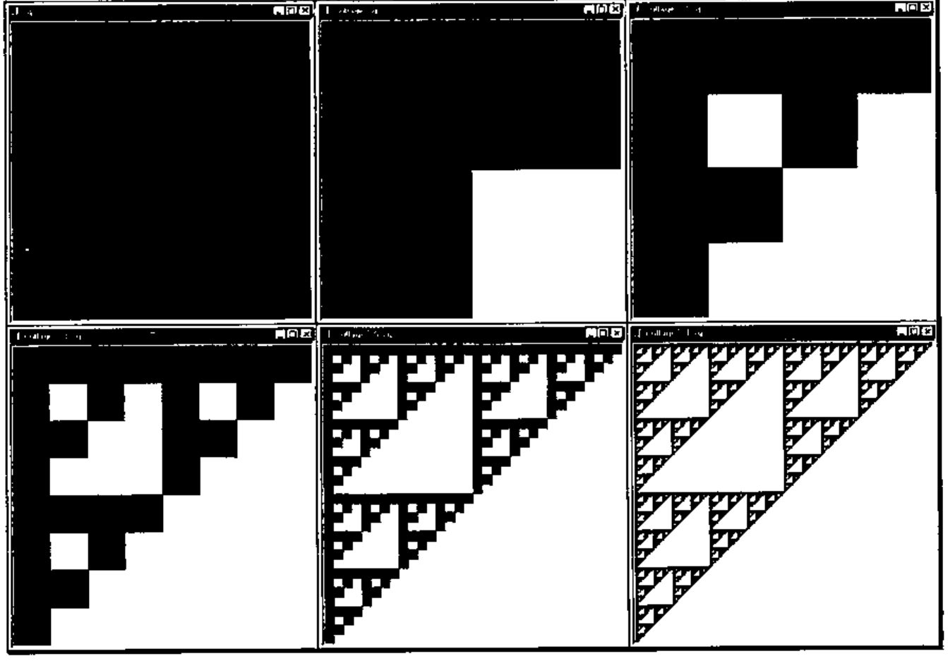 Six windows: a filled square; three half-size squares; nine quarter-size squares; and successive iterates approaching a Sierpinski-like triangle