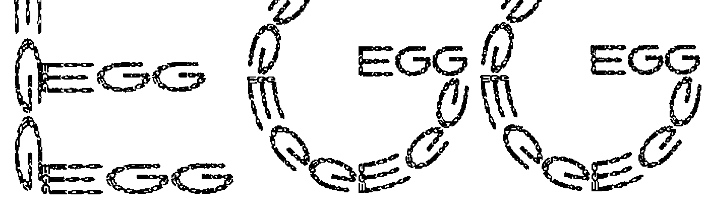 The word EGG whose letters are made of smaller EGGs; in the G’s the small words follow the curve