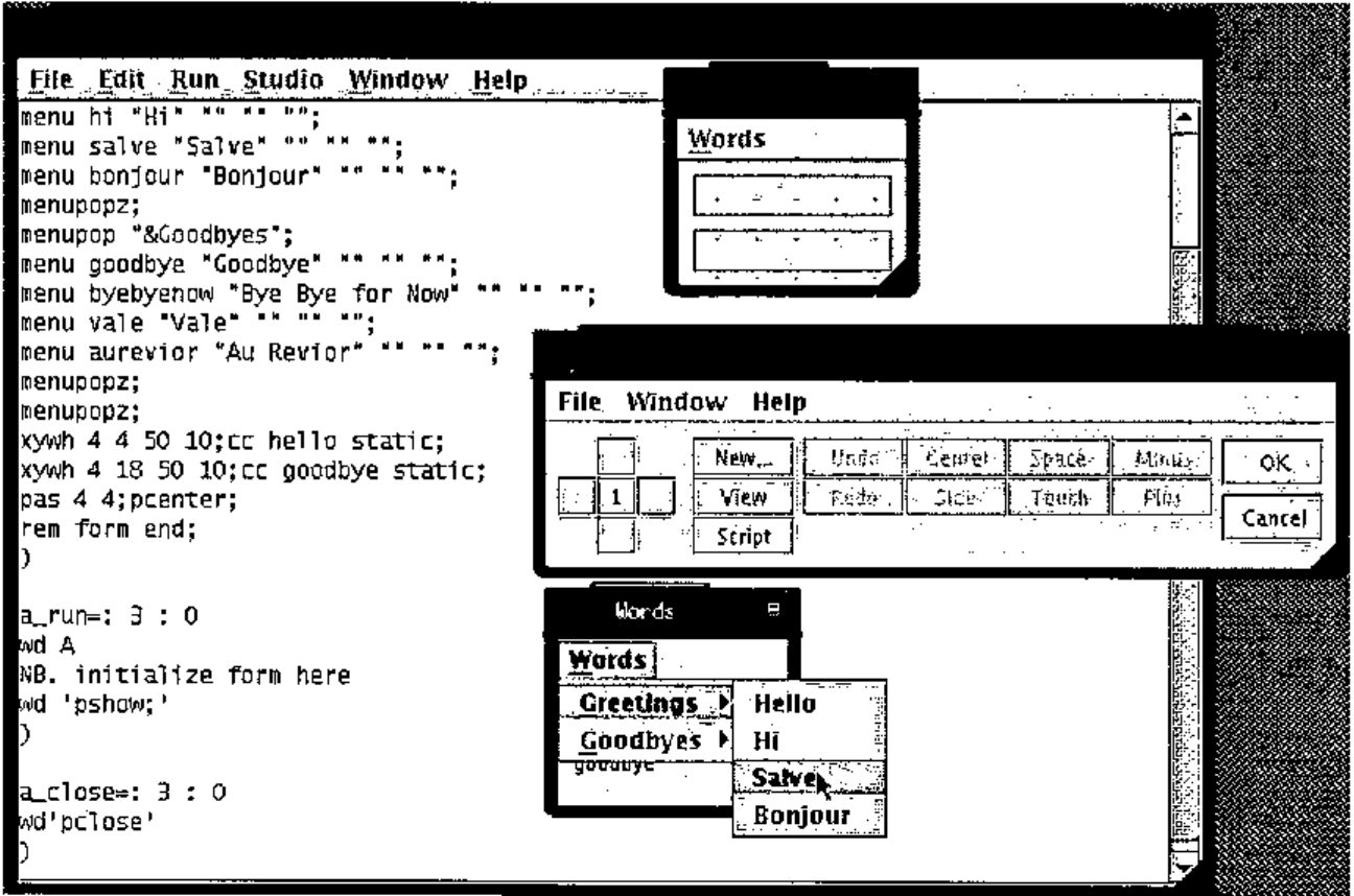 The form editor; the script in the background is the J code; the highlighted Words window is a running example of a created form; the other two windows are the output of the form editor