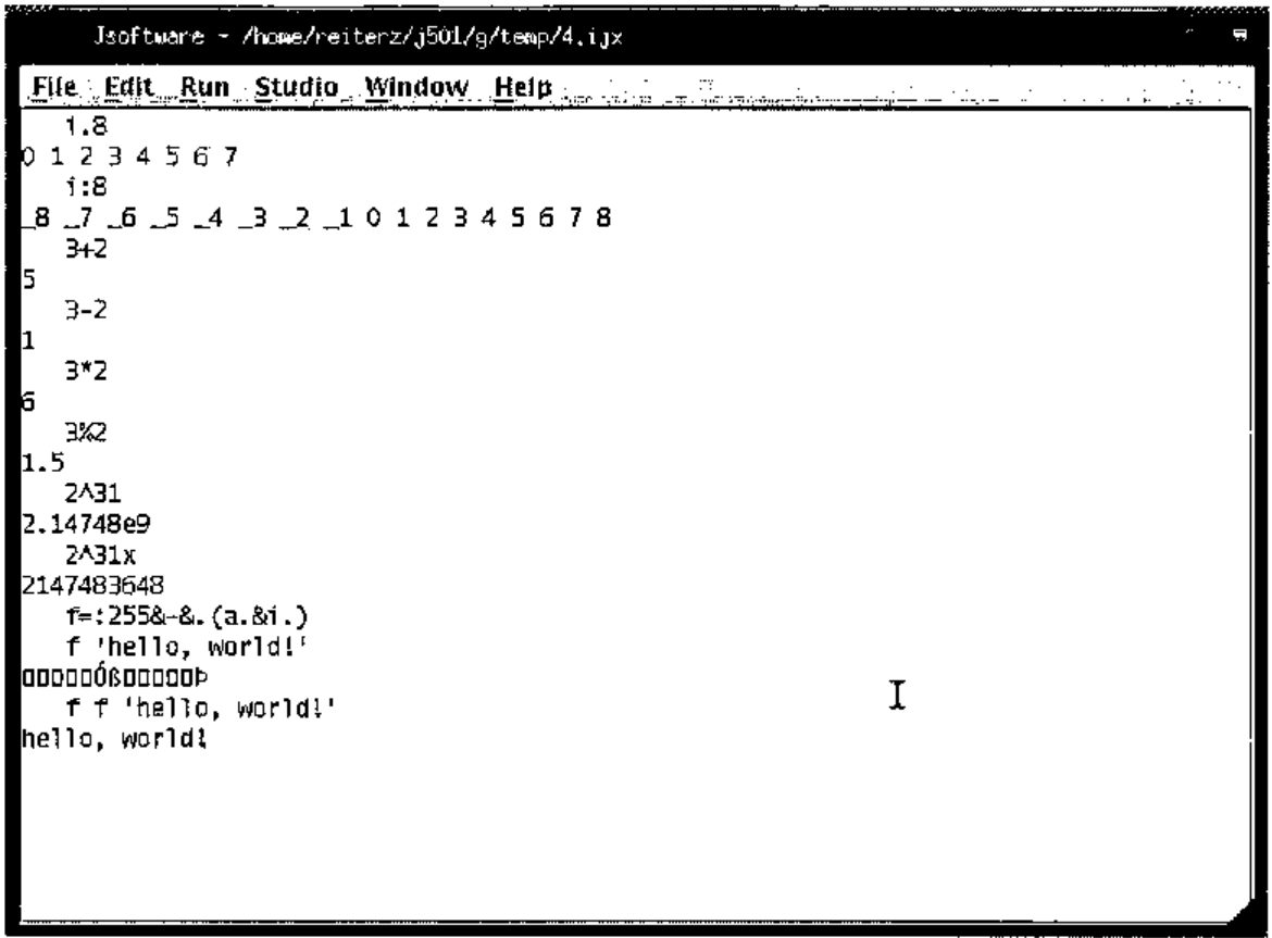 The J session window, titled Jsoftware - /home/reiterz/j501/g/temp/4.ijx, with menus File Edit Run Studio Window Help
