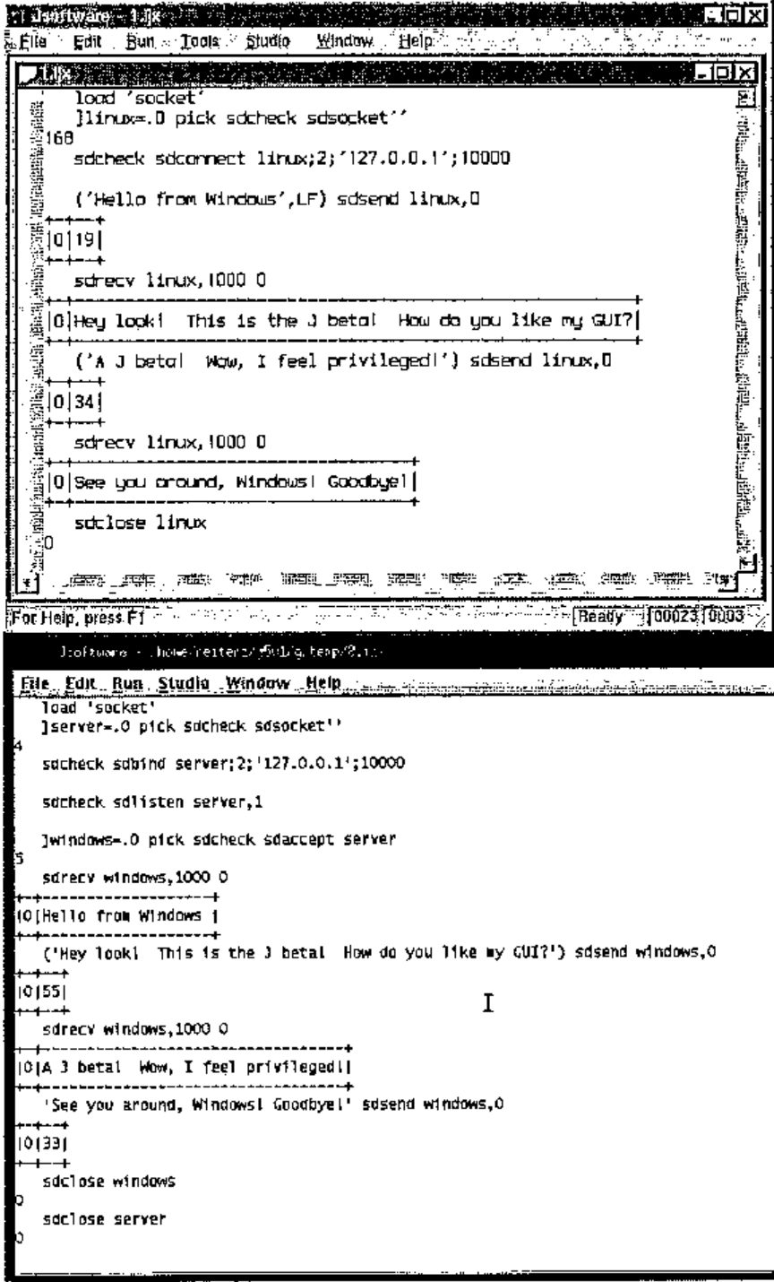 Sockets communication between J for Windows and J for Linux. This accomplished under Linux, using WINE.