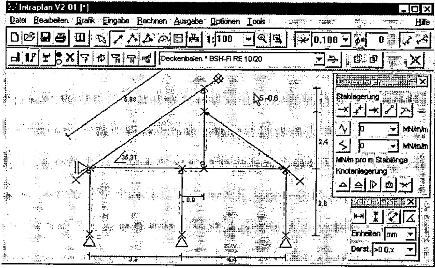 The Intraplan V2.01 window: a house frame with a pitched roof drawn with supports, angles and dimensions, and floating tool palettes for member and node supports