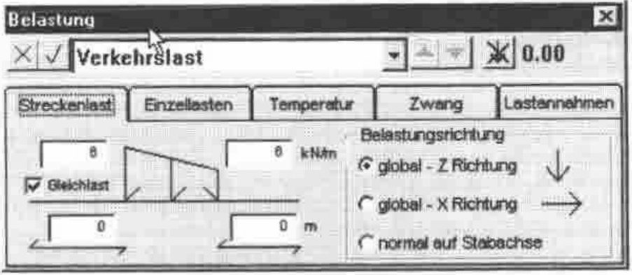 The Belastung dialogue for Verkehrslast, on the Streckenlast tab: a uniform load of 8 kN/m with load direction global Z