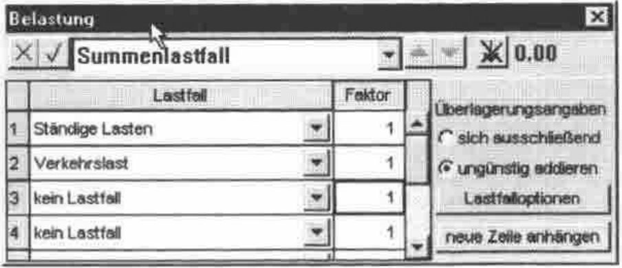 The Belastung dialogue for Summenlastfall: a table of load cases (Ständige Lasten, Verkehrslast, kein Lastfall, kein Lastfall) each with factor 1, and superposition options
