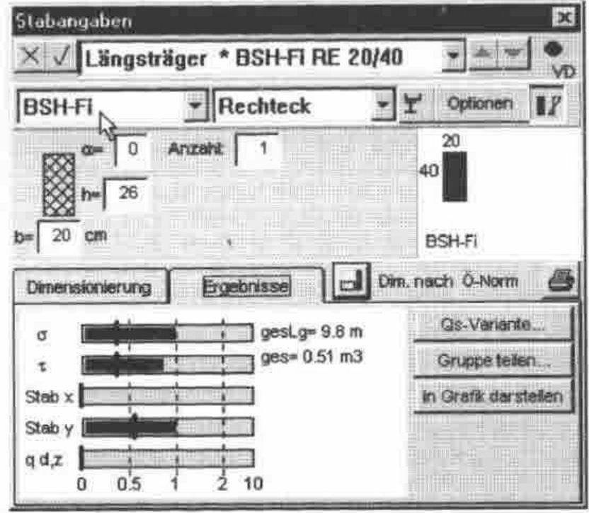 The Stabangaben dialogue on the Ergebnisse tab, with h=26 and bar gauges of load factor for σ, τ, Stab x, Stab y and q d,z on a scale 0 to 10