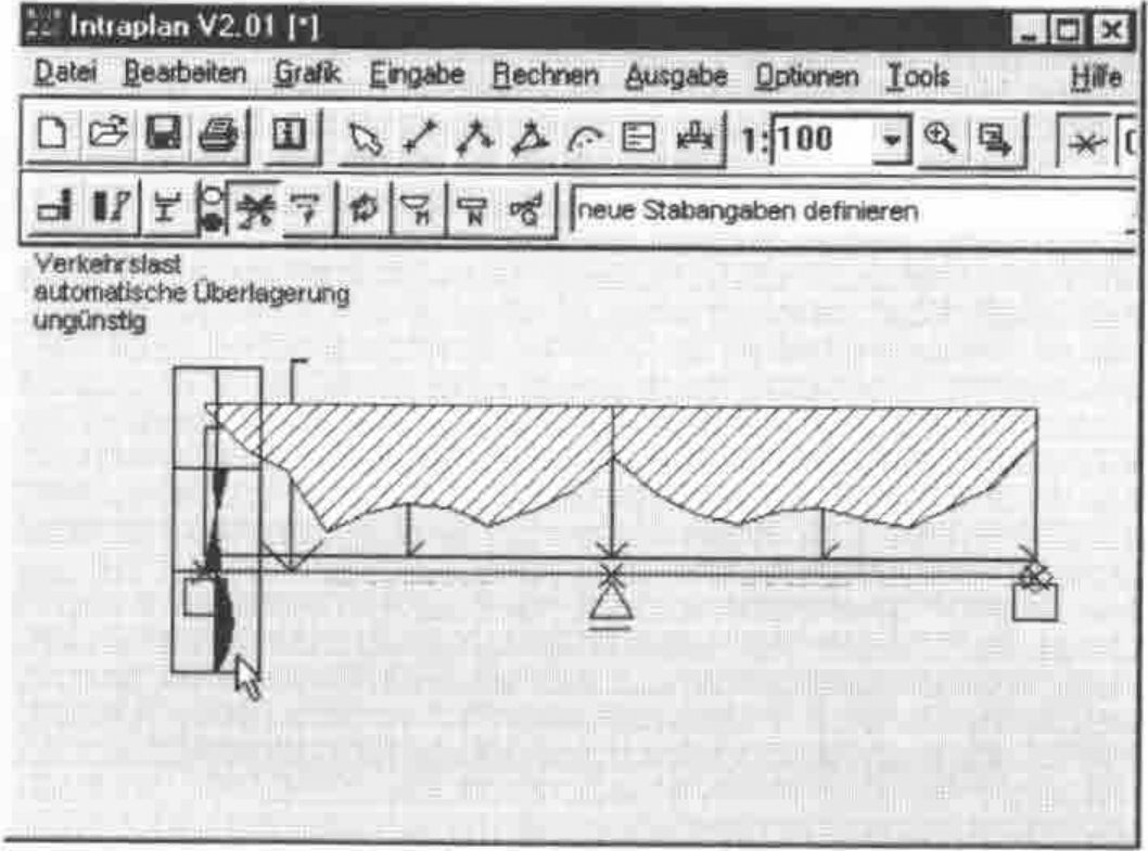 Intraplan showing the beam with the hatched load-factor distribution over its length and a cross-section profile at the cursor