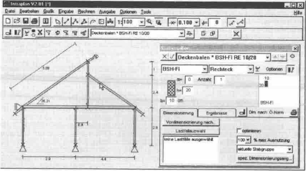 Intraplan: the house frame beside the Stabangaben dialogue for Deckenbalen, BSH-Fi RE 10/20