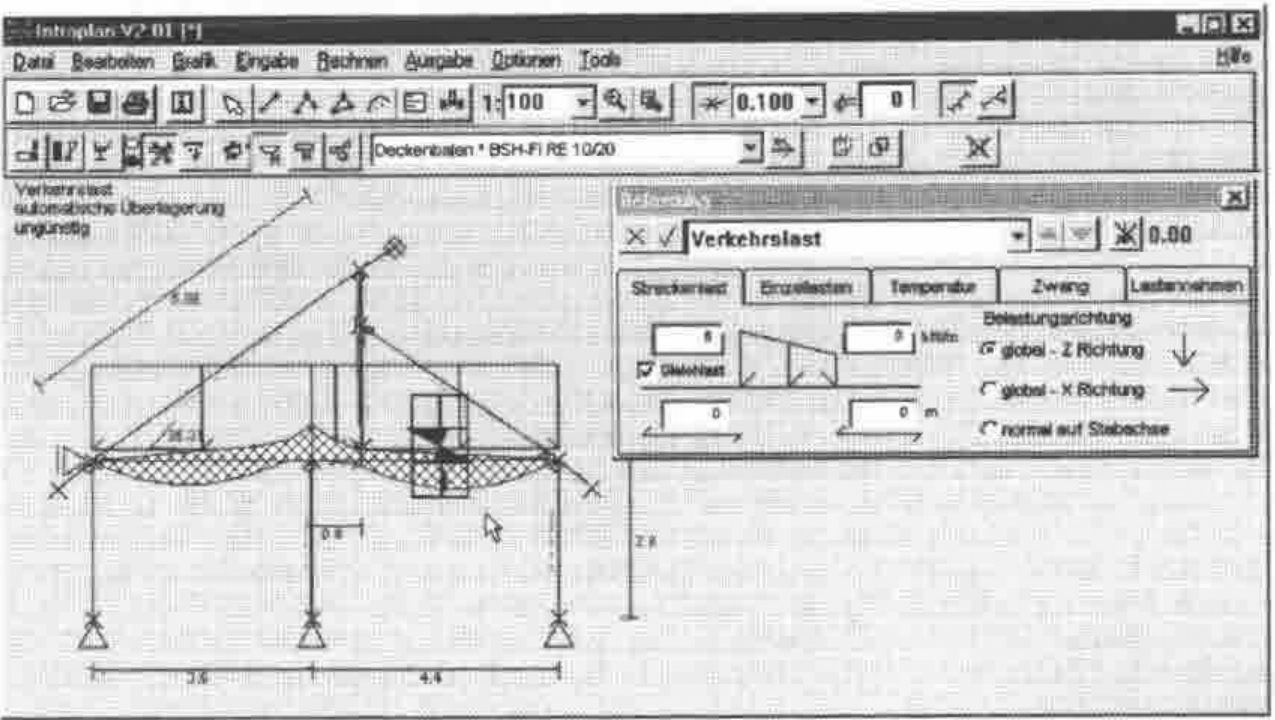 Intraplan: the house frame with a load envelope on the floor beam, beside the Belastung dialogue for Verkehrslast