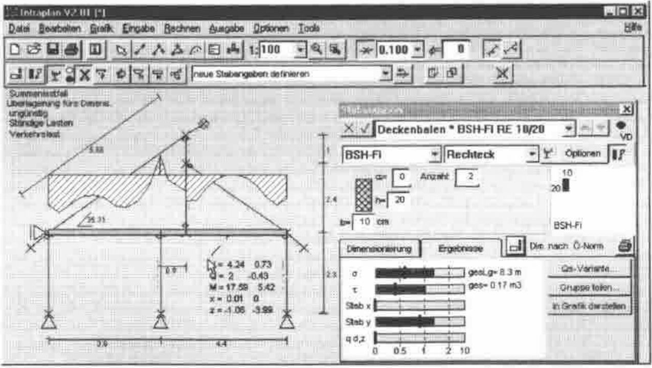 Intraplan: the house frame with load-factor hatching, cut values, and the Stabangaben dialogue showing load-factor gauges
