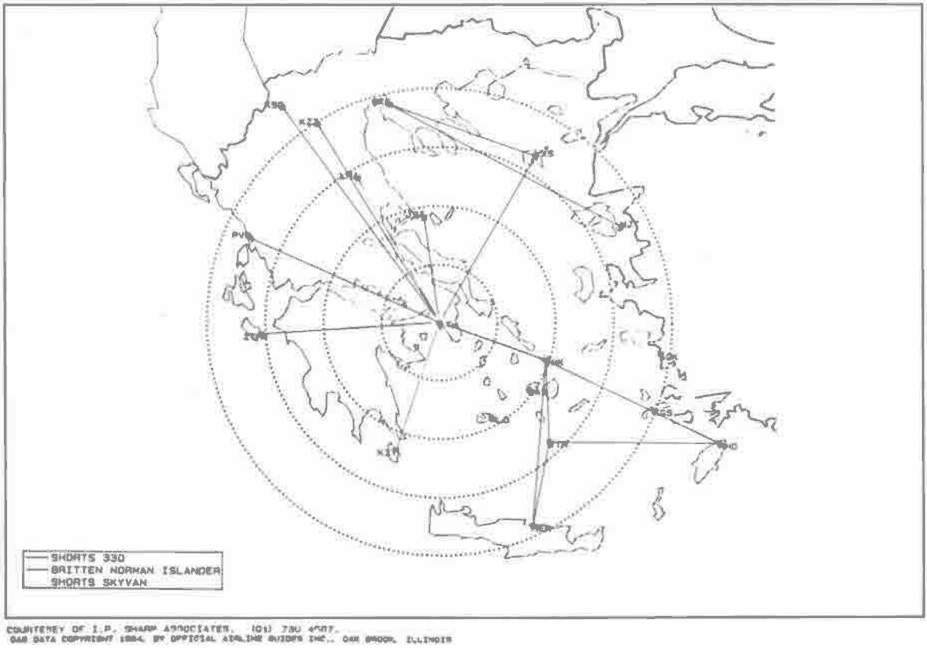 Map of Greece with flight routes radiating from Athens, concentric distance rings, and a legend for Shorts 330, Britten Norman Islander and Shorts Skyvan. Courtesy of I.P. Sharp Associates; OAG data copyright 1984 by Official Airline Guides Inc., Oak Brook, Illinois