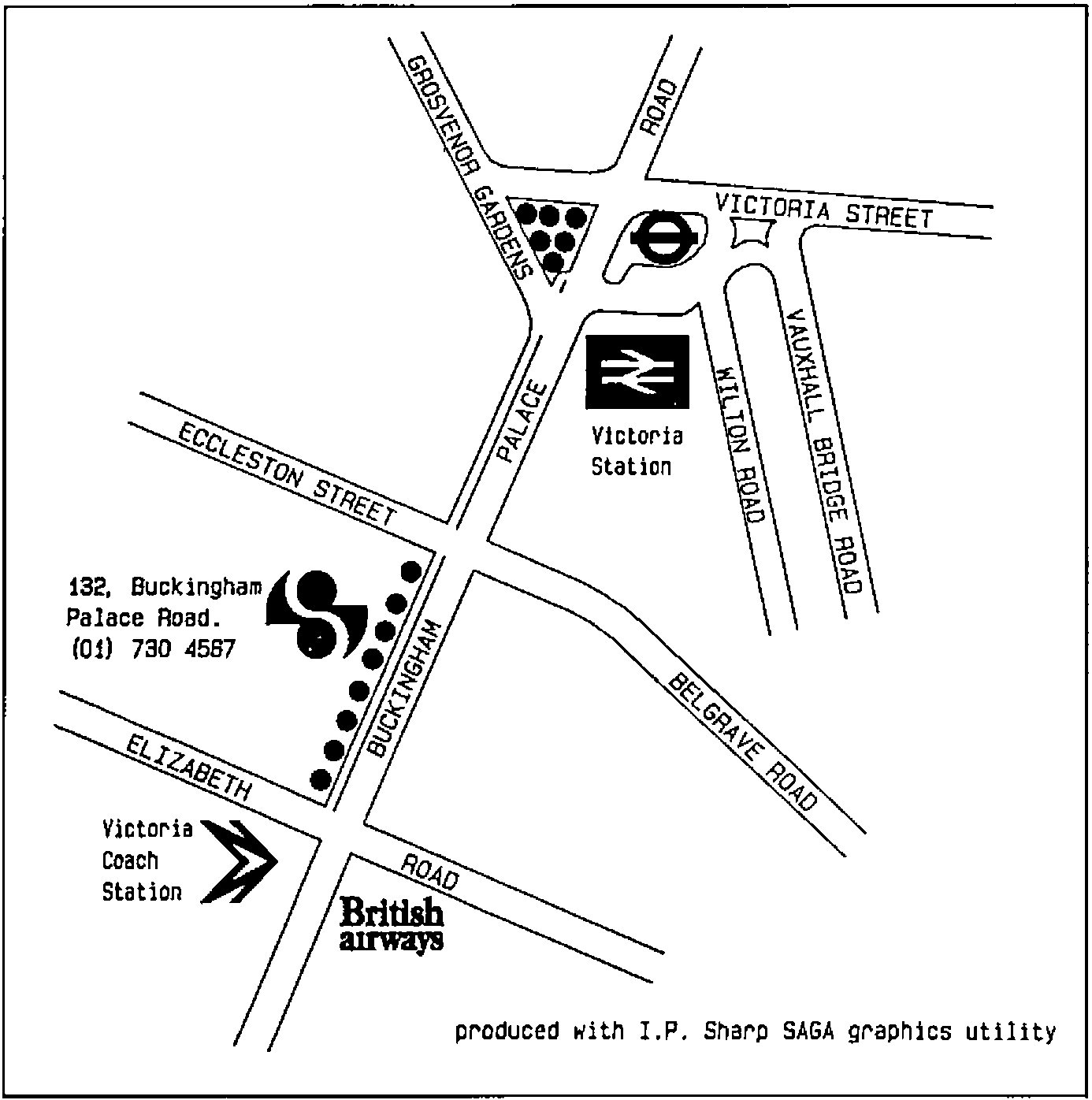 Street map around Victoria Station, London, marking I.P. Sharp at 132 Buckingham Palace Road, (01) 730 4567, Victoria Coach Station and British Airways. Produced with I.P. Sharp SAGA graphics utility