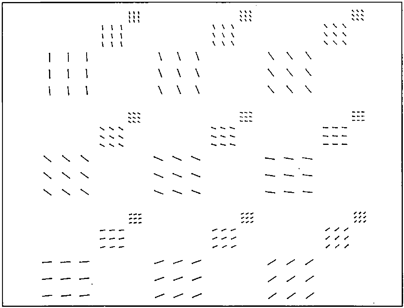 A rank-five complex array drawn as nested 3×3 grids of short strokes, their angle turning from vertical to oblique across the grids