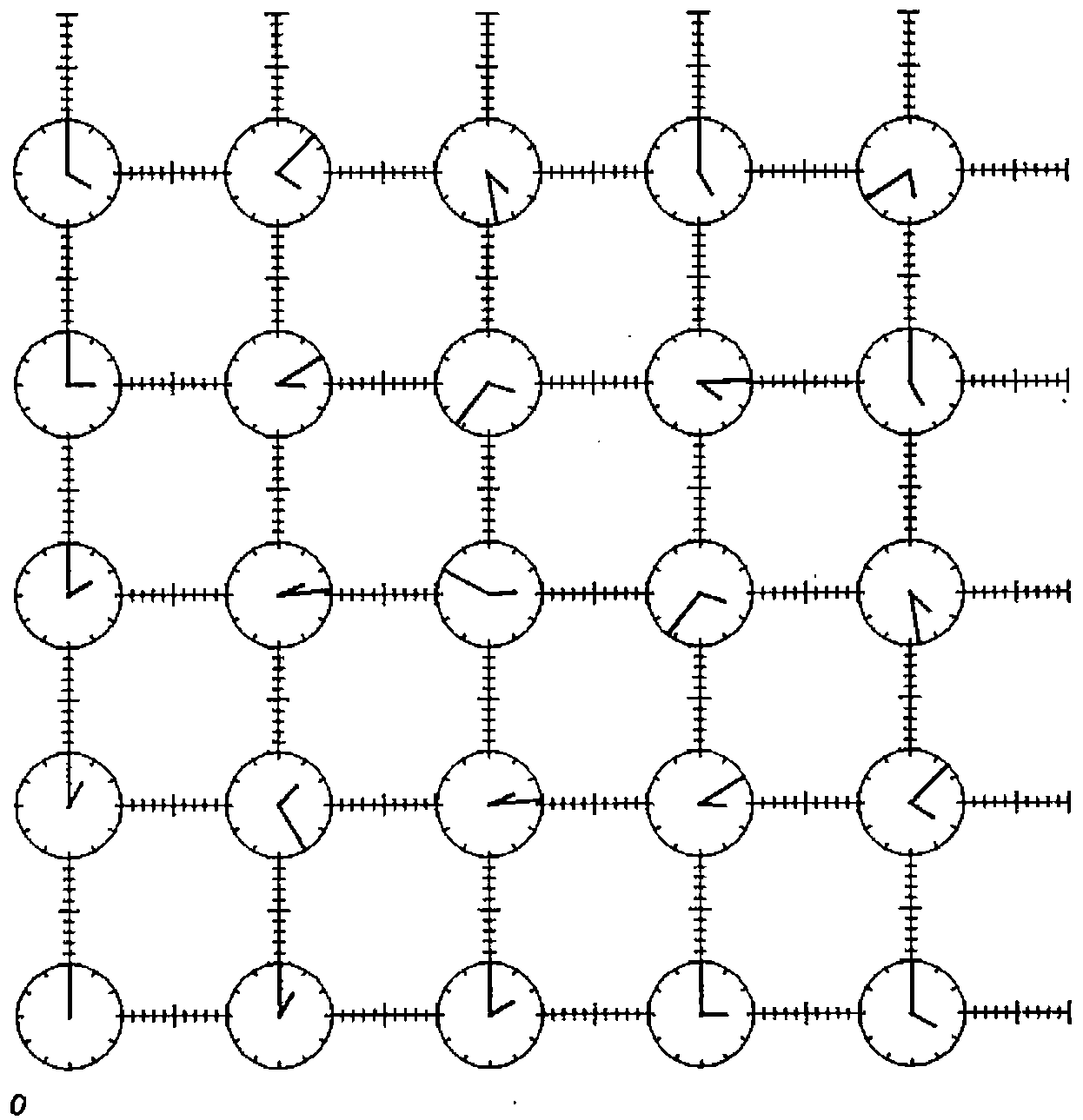 A five-by-five grid of clocks joined by graduated rods, origin O at bottom left; each clock’s hands show a later time the further it is from the origin