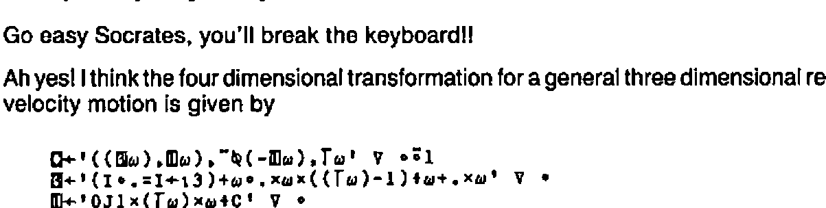 Three definitions in the dialogue’s notation: 4FRAME from 3QUAD, 1QUAD and GAMMA; 3QUAD as an identity matrix plus an outer product of ⍵ scaled by Γ⍵−1; 1QUAD as 0J1×(Γ⍵)×⍵÷C
