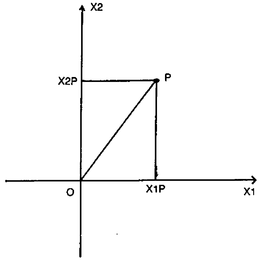 Axes X1 and X2 from origin O; point P at (X1P, X2P), with the line OP and the perpendiculars to both axes