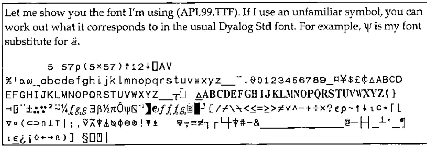 5 57⍴(5×57)↑12↓⎕AV displayed in the author’s APL99 font