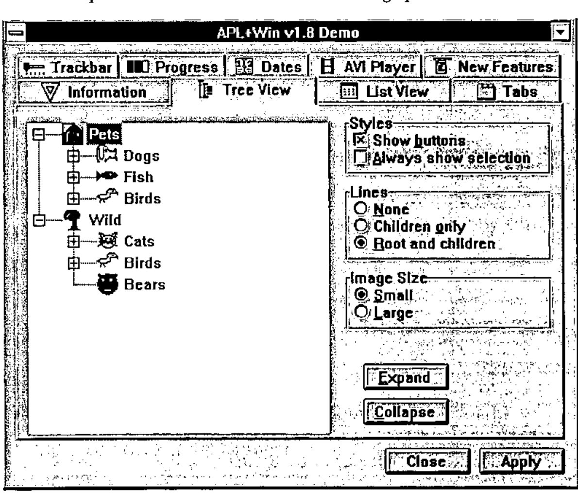 The APL+Win v1.8 Demo window: tabs for Trackbar, Progress, Dates, AVI Player, New Features, Information, Tree View, List View and Tabs; a tree of Pets and Wild animals, with style options and Expand, Collapse, Close and Apply buttons