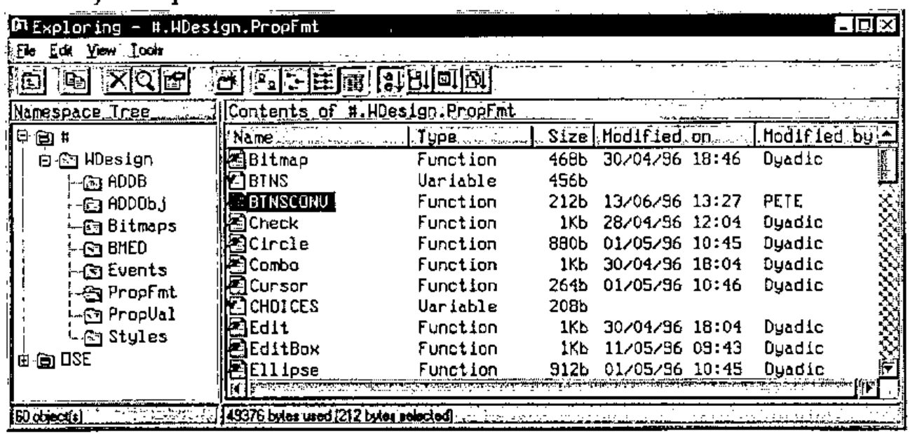 The Dyalog Explorer window “Exploring - #.WDesign.PropFmt”: a namespace tree on the left and a list of functions and variables with type, size, date modified and modifier on the right
