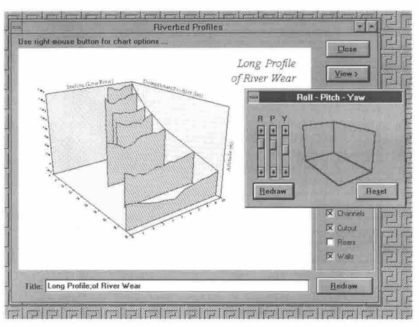 The Rain window “Riverbed Profiles”: a 3-D chart of cross-sections titled Long Profile of River Wear, with a Roll - Pitch - Yaw dialog of three sliders and a cube, and check boxes for Channels, Cutout, Risers and Walls
