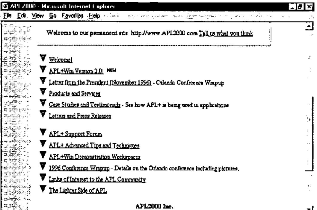 The APL2000 home page: a list of links from Welcome! and APL+Win Version 2.0 to The Lighter Side of APL, with a ticker line at the foot