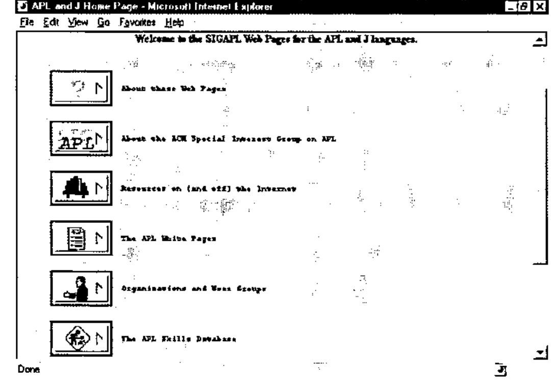 The SIGAPL home page: six icon buttons for About these Web Pages, About the ACM Special Interest Group on APL, Resources on (and off) the Internet, The APL White Pages, Organizations and User Groups, and The APL Skills Database
