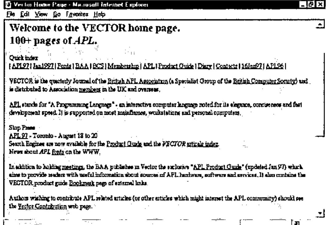 The Vector home page in Internet Explorer: “Welcome to the VECTOR home page. 100+ pages of APL.”, with a quick index and stop-press items