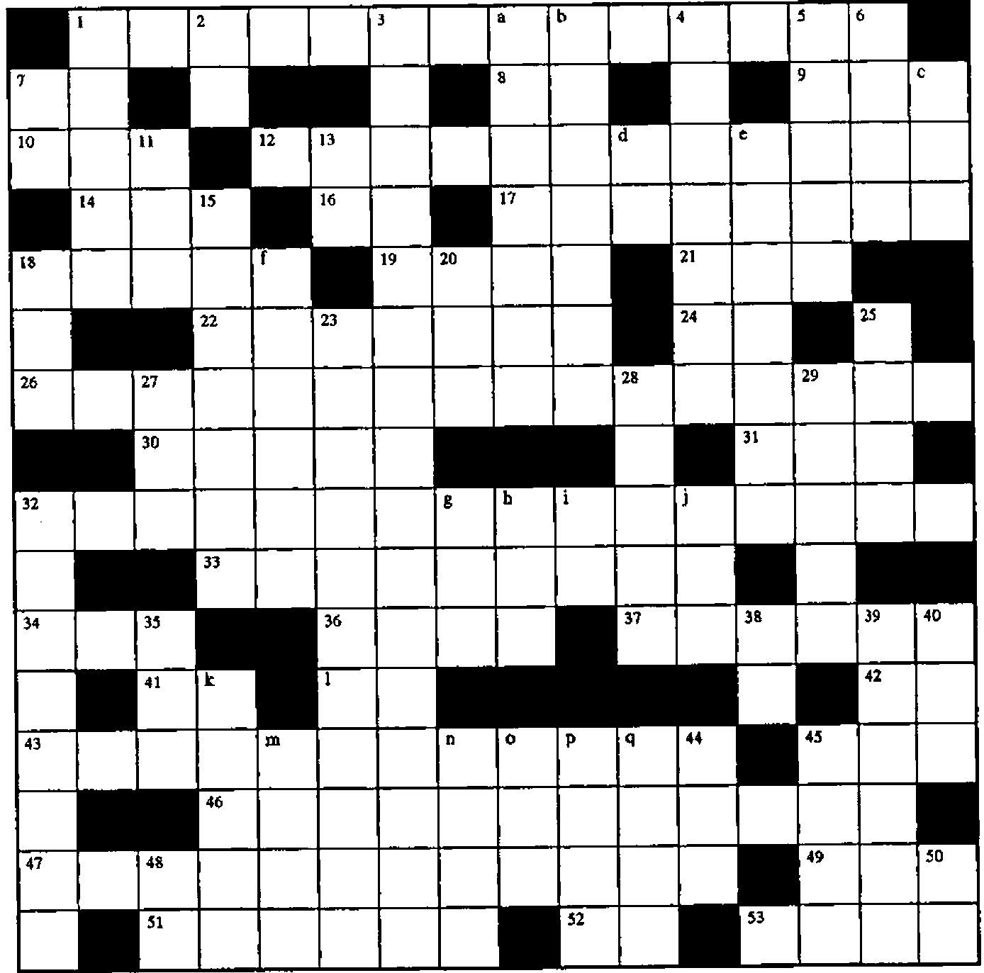A 16 × 16 crossword grid with squares numbered 1 to 53 and lettered a to q