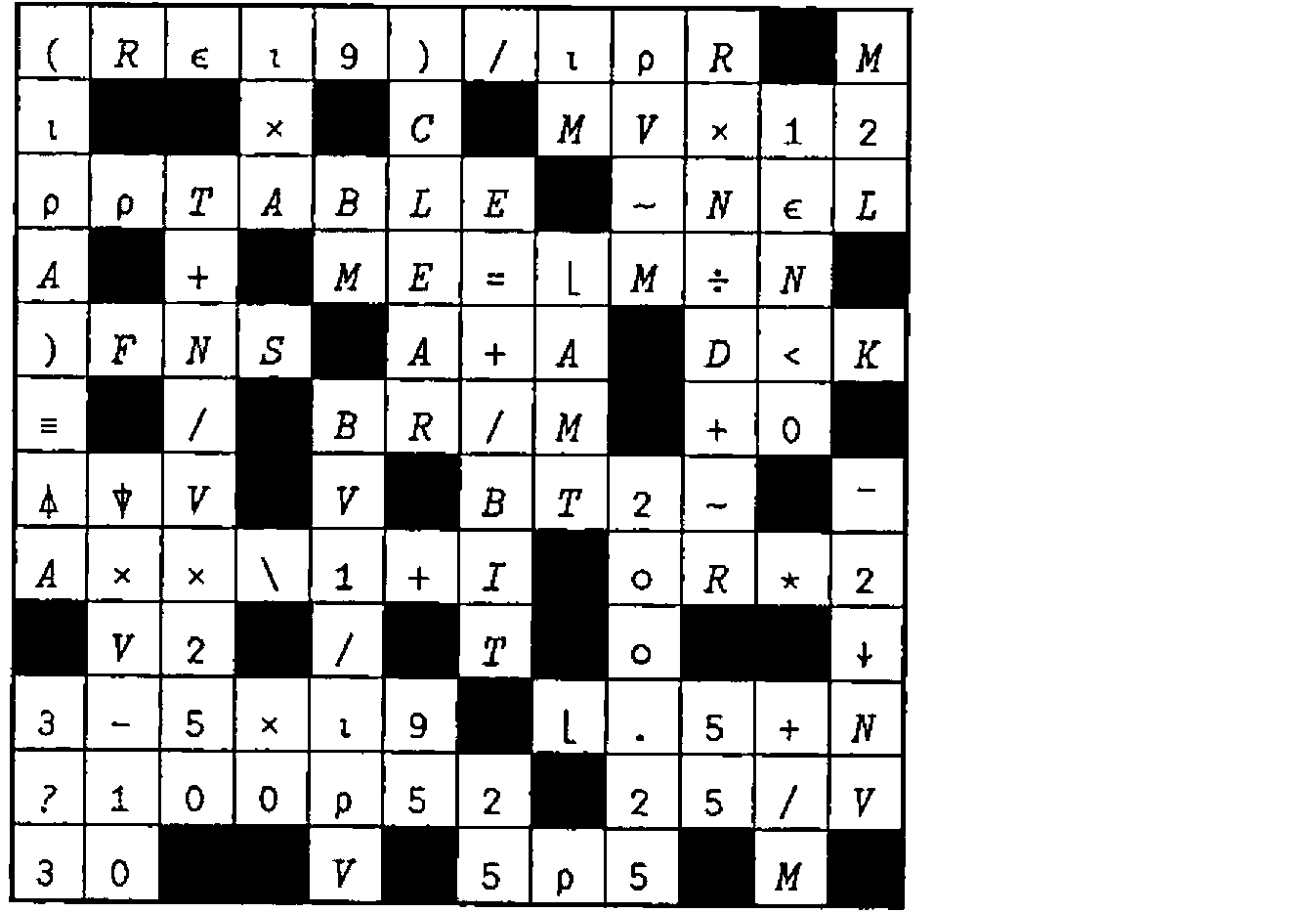 The completed 12 × 12 grid of the Vector 14.3 crossword, filled with APL expressions such as (R∊⍳9)/⍳⍴R across the top