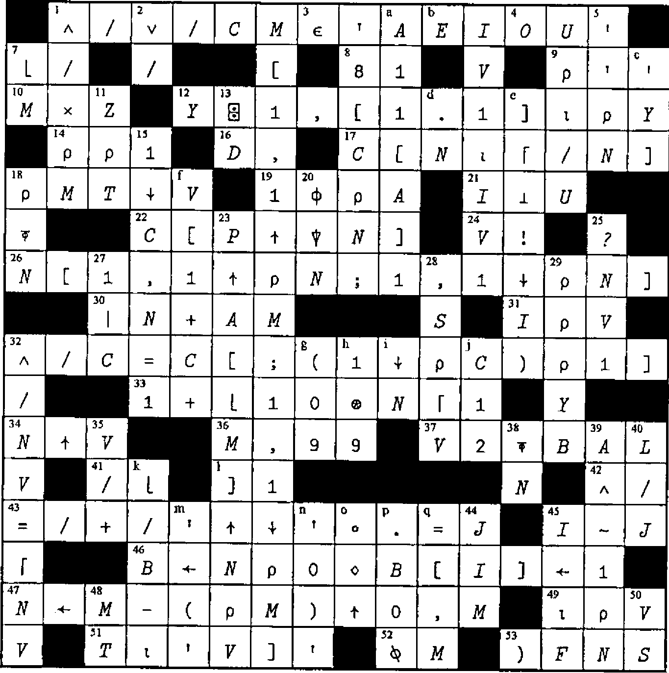 The completed 16 × 16 crossword grid from Vector 14.4, filled with APL expressions