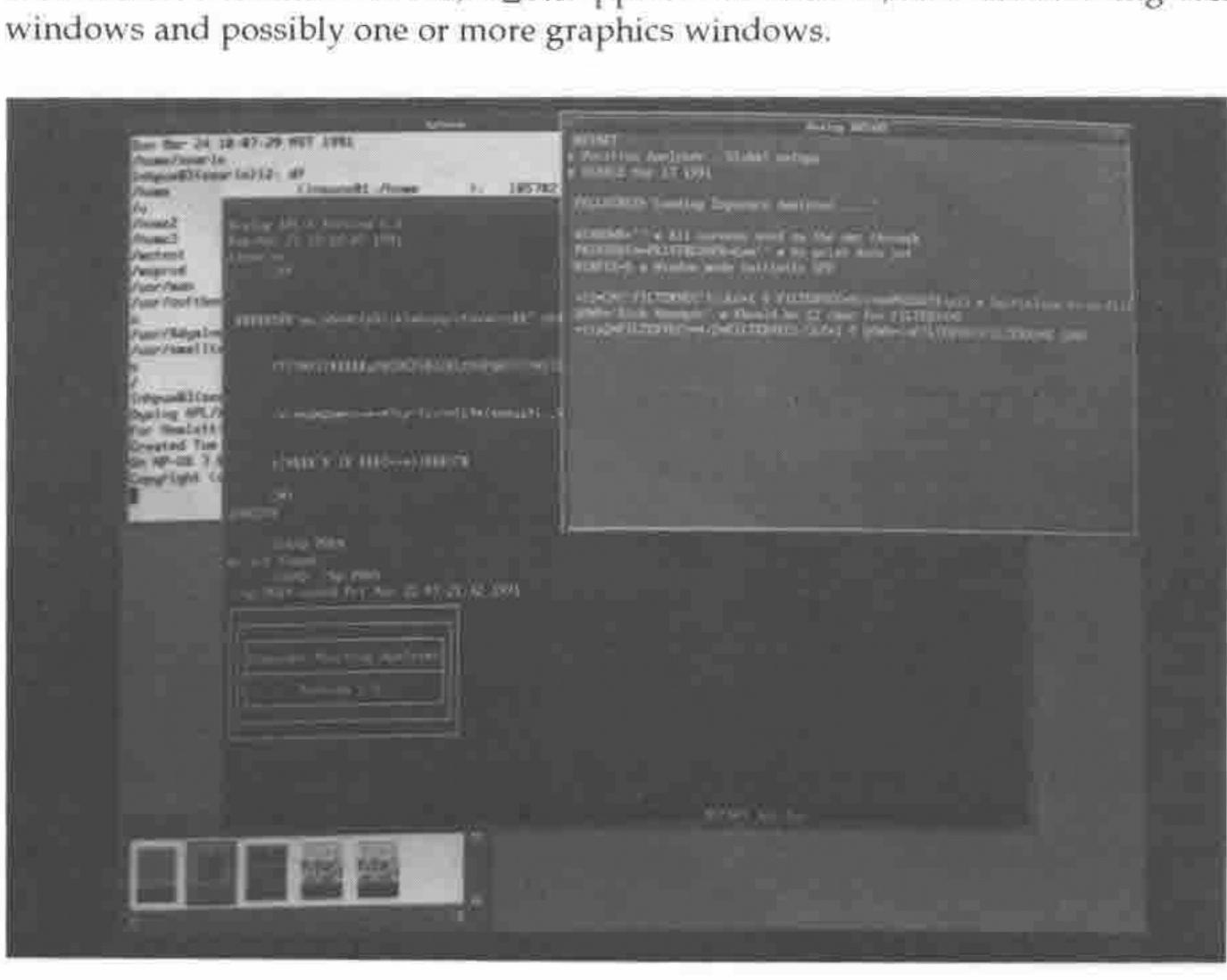 Figure 1: a workstation screen with a terminal window, an APL session window, a small ⎕SM menu window and an edit window, and icons along the bottom