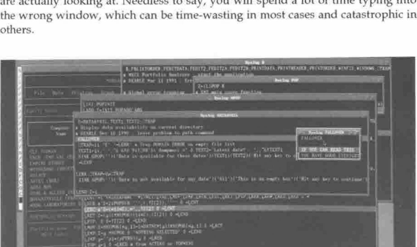 Figure 2: a cascade of trace windows over an application window, each showing a function’s code