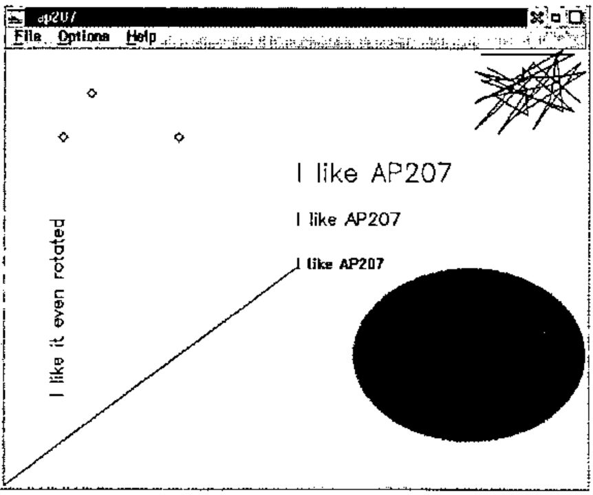 The APL2 for OS/2 graphic window: three diamond markers, a tangle of random lines, “I like AP207” in three sizes, “I like it even rotated” written vertically, a diagonal line and a solid black ellipse