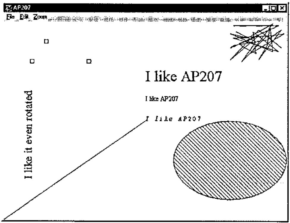 The Dyalog APL graphic window with the same drawing: square markers, random lines, the texts in Times New Roman, and a hatched ellipse