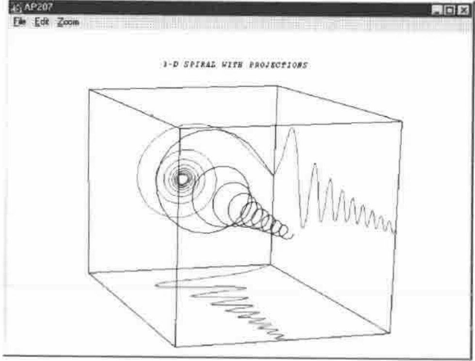 An AP207 window titled 3-D SPIRAL WITH PROJECTIONS: a spiral drawn inside a wire-frame box, with its projections on two faces