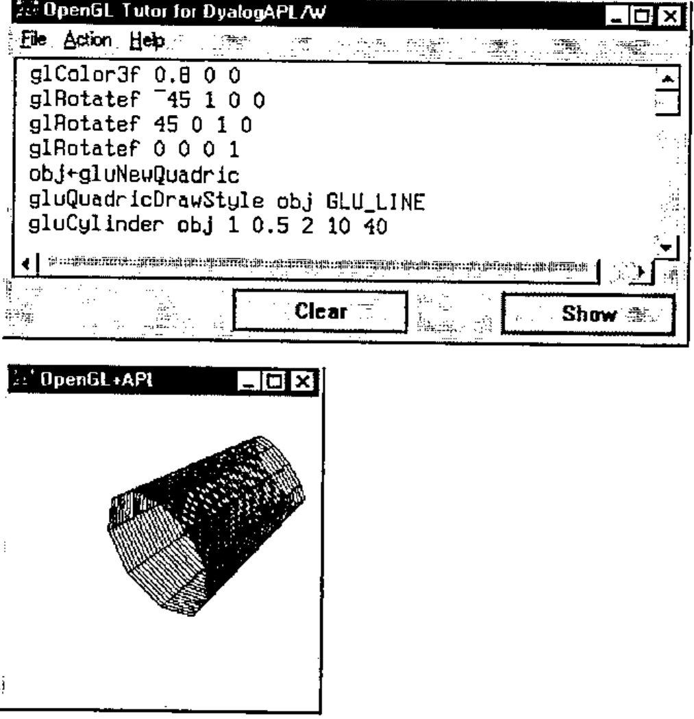 The Tutor window with gluCylinder obj 1 0.5 2 10 40, and the OpenGL+APL window showing the cone more densely meshed