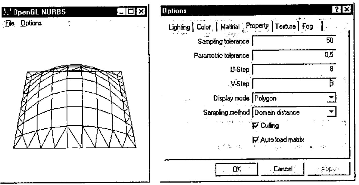 The NURBS surface drawn with a coarser mesh, and the Options dialog with U-Step 8, V-Step 8 and Sampling method Domain distance