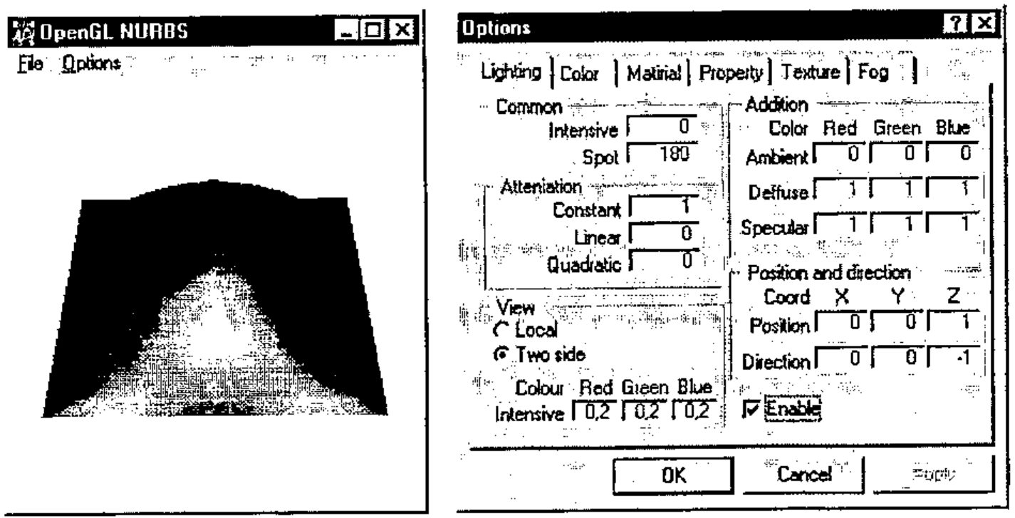 The NURBS surface filled and lit, light on the central peak shading to black, and the Options dialog on its Lighting tab with Enable checked