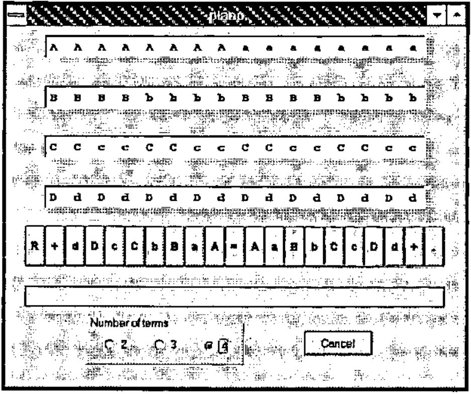 The piano window: four rows showing all sixteen combinations of A/a, B/b, C/c, D/d, the keyboard R + d D c C b B a A = A a B b C c D d + . below, an empty hypothesis box, and Number of terms buttons 2, 3, 4