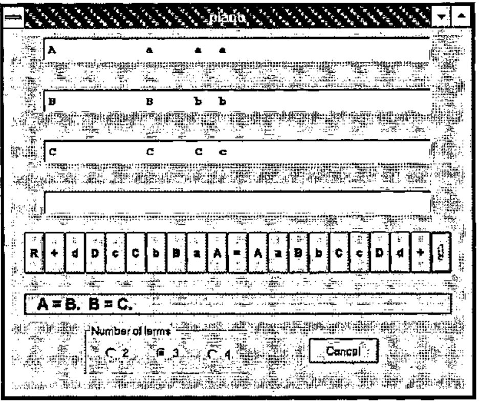 The piano window with three terms after A=B. B=C.: the combinations ABC, aBC, abC and abc remain