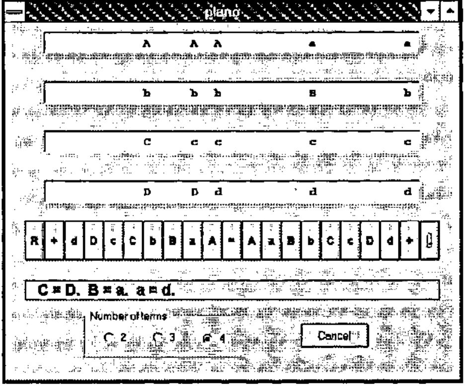 The piano window with four terms after C=D. B=a. a=d.: the combinations AbCD, AbcD, Abcd, aBcd and abcd remain