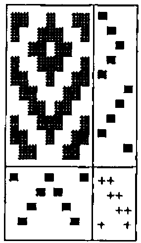 The cloth diagram: the weave draft upper left, the treadling draft upper right, the threading draft lower left and the tie-up draft lower right