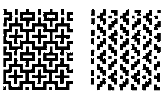 Two weaving designs from the same drafts: on the left a pattern of crosses and bars, on the right a scattered pattern of small arrows
